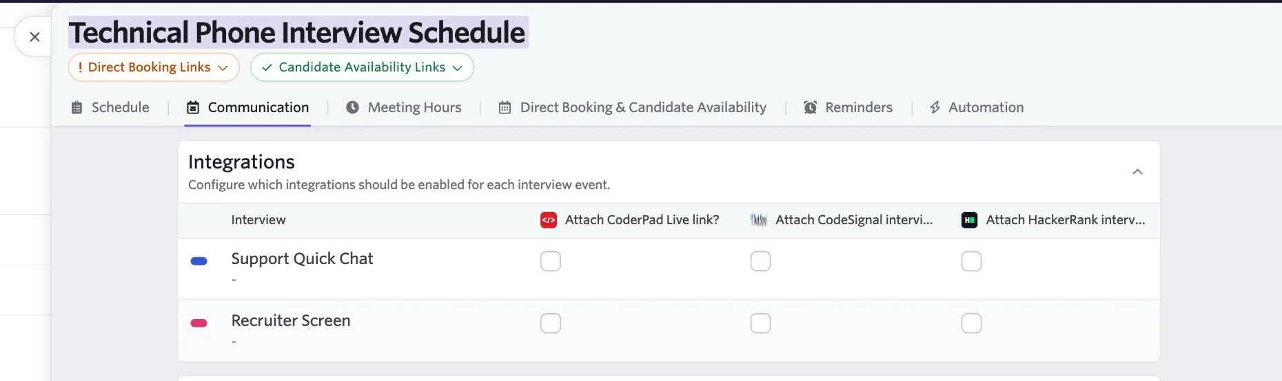 Technical Phone Interview Schedule settings showing the Integrations section, where CoderPad Live links can be enabled for individual interview events.