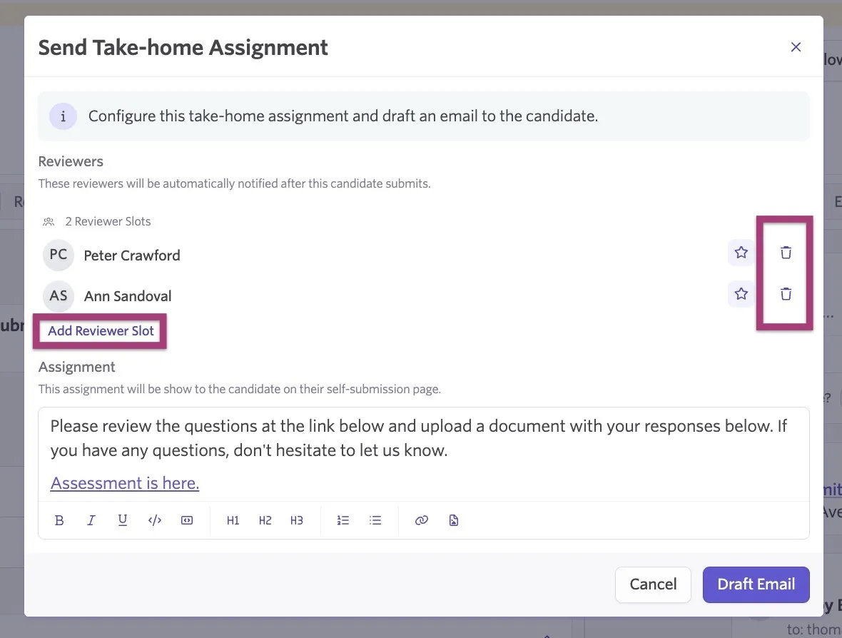 Send take-home assignment dialog showing assigned reviewers and submission options.