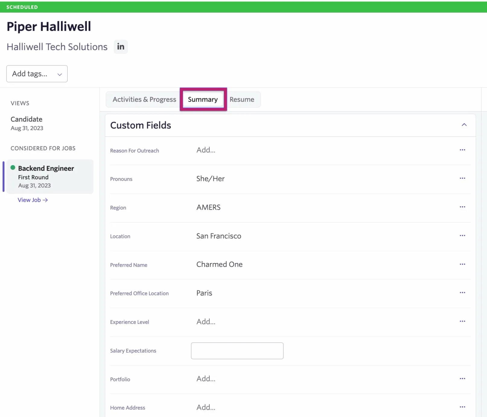 Finding a candidate custom field on the Summary tab of their profile. Finding a candidate custom field on the Summary tab of their profile.