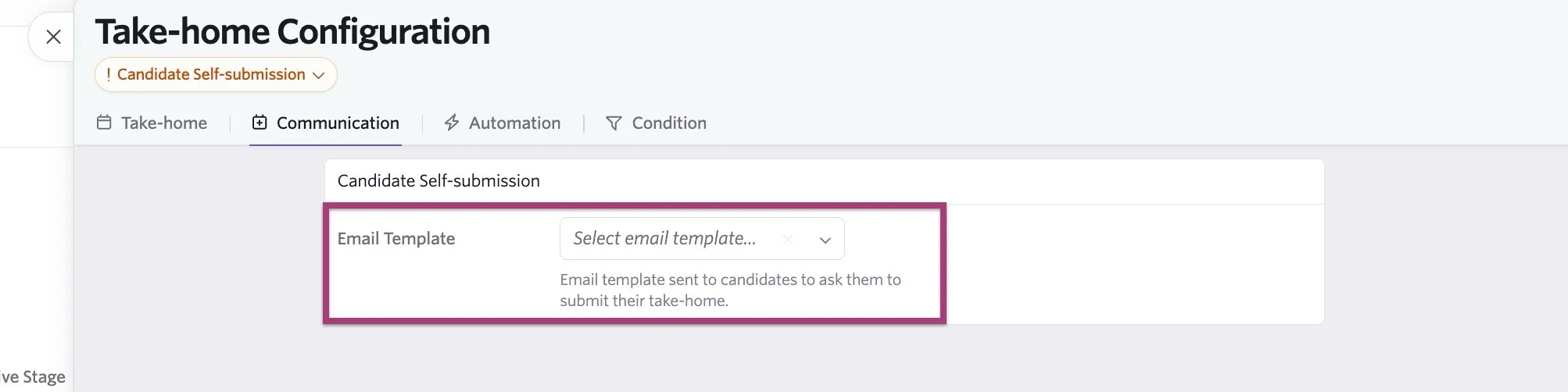 Take-home activity Communications tab with an email template selected.