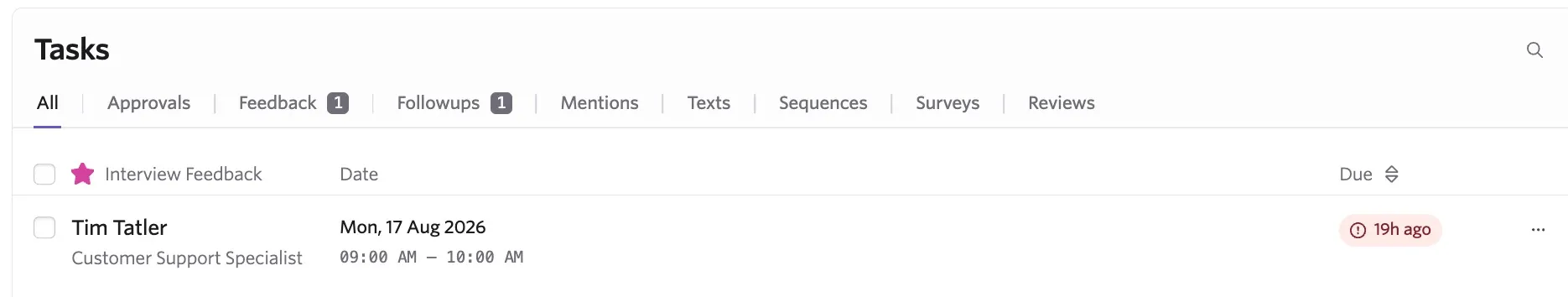 A feedback task for a past interview in the Tasks section of the home page. A feedback task for a past interview in the Tasks section of the home page.