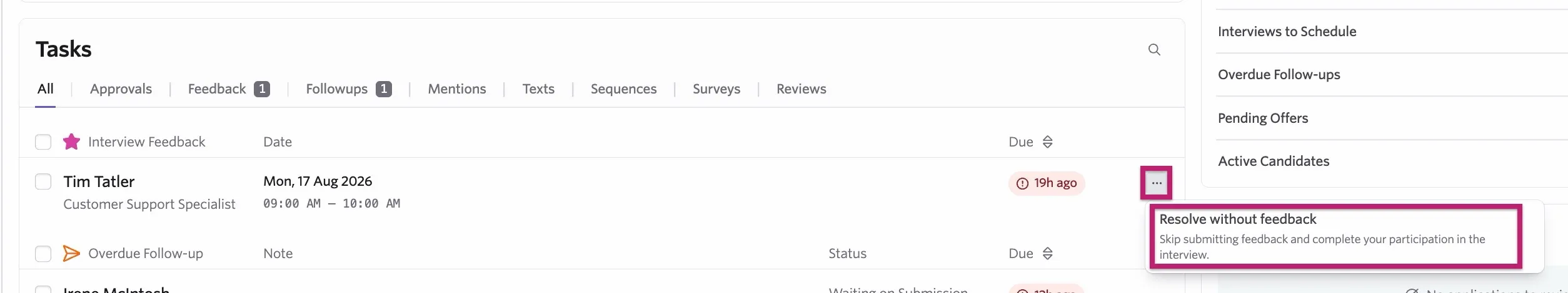 The resolve without feedback option on a feedback task. The resolve without feedback option on a feedback task.