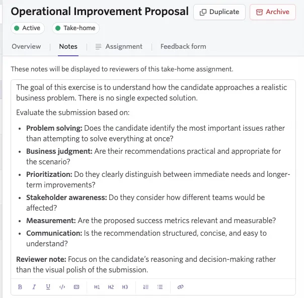 Take-home assignment Notes tab showing reviewer evaluation criteria.