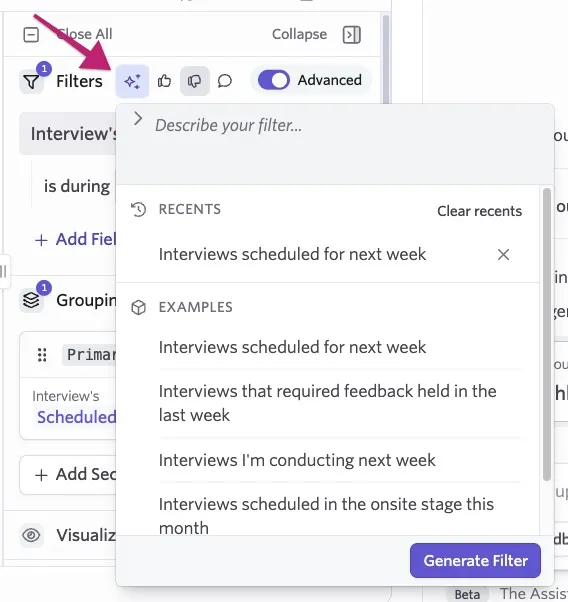 Using the AI filter assistant by adding a description in the Describe your filter field. Using the AI filter assistant by adding a description in the Describe your filter field.