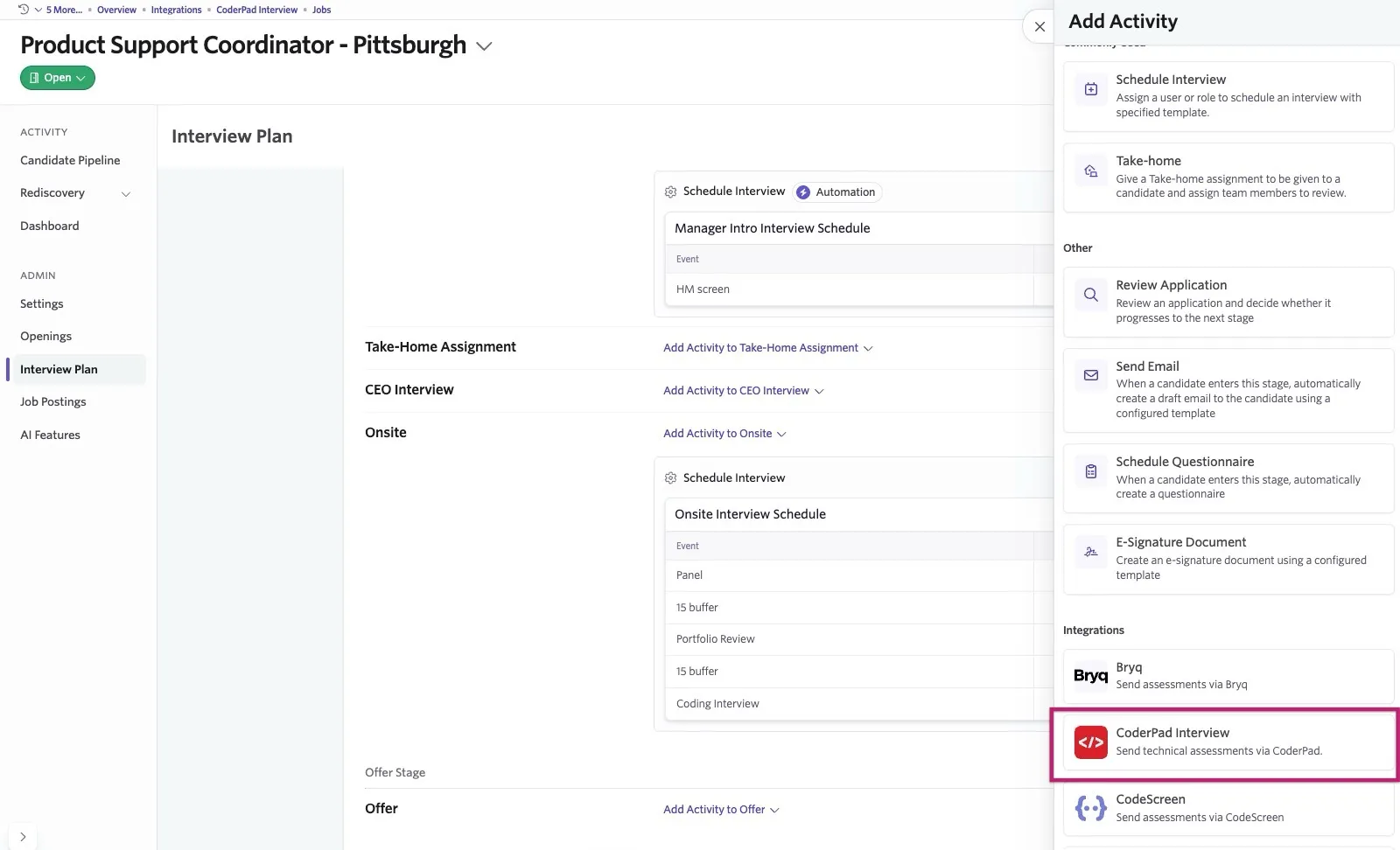Ashby Interview Plan settings for the Product Support Coordinator role, with the Add Activity panel open and the CoderPad Interview integration highlighted.