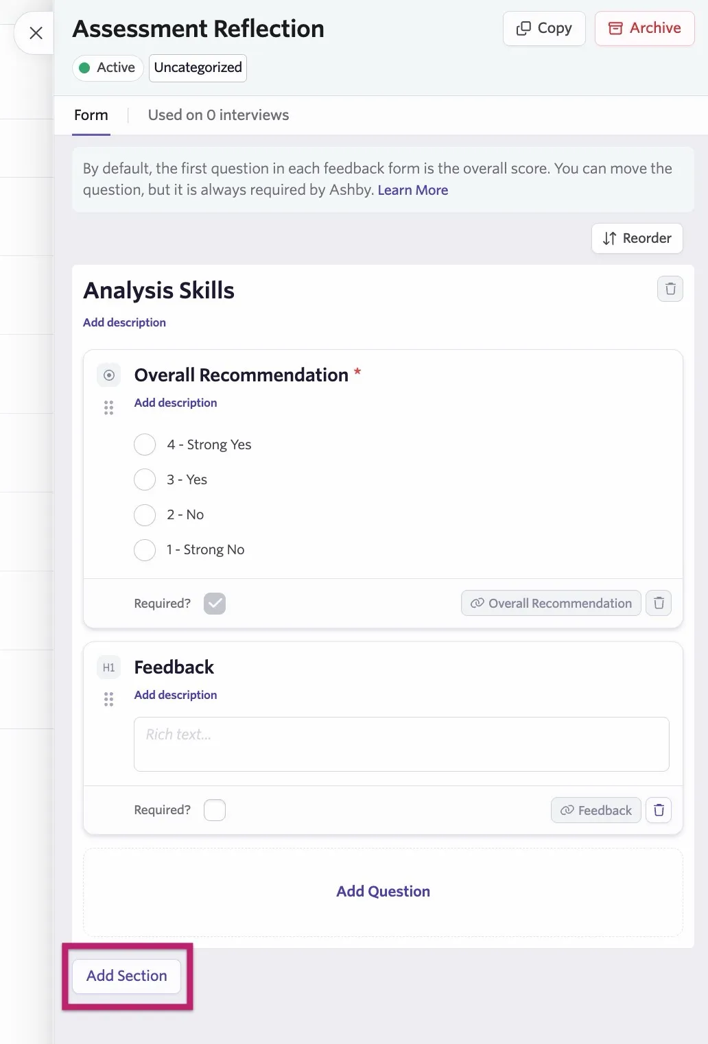 A feedback form with the Add Section button highlighted.