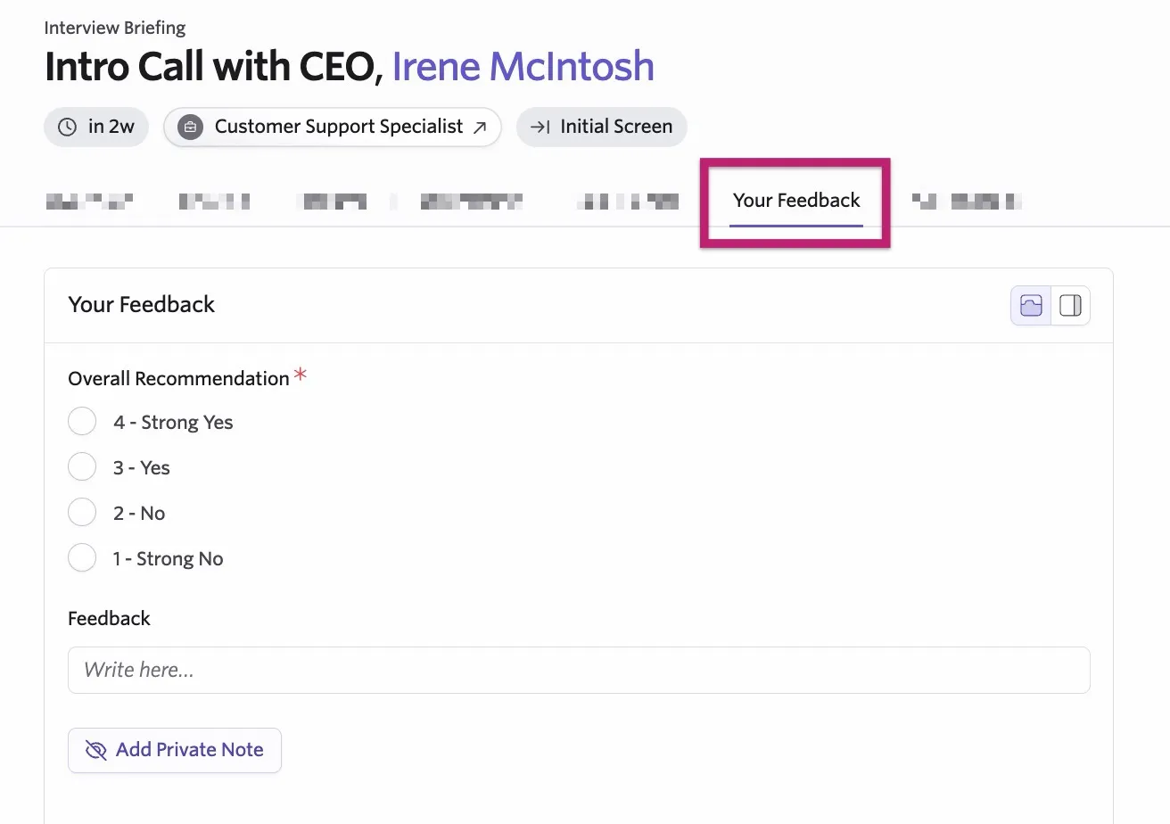 The screenshot shows a record of an interview from the interviewer's perspective with the Your Feedback tab open and highlighted.