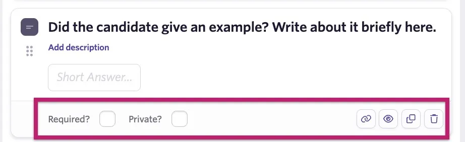 The screenshot shows the Required, Private and linking, conditions, duplicate and delete options.