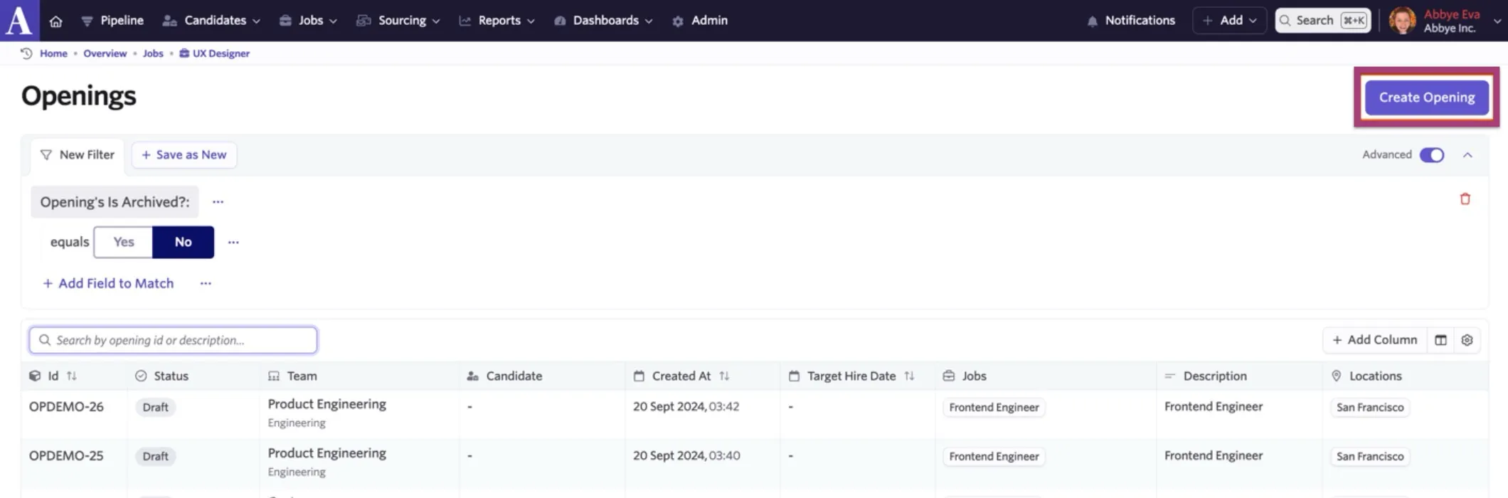 Shows the create opening button in the top right of the Openings page.