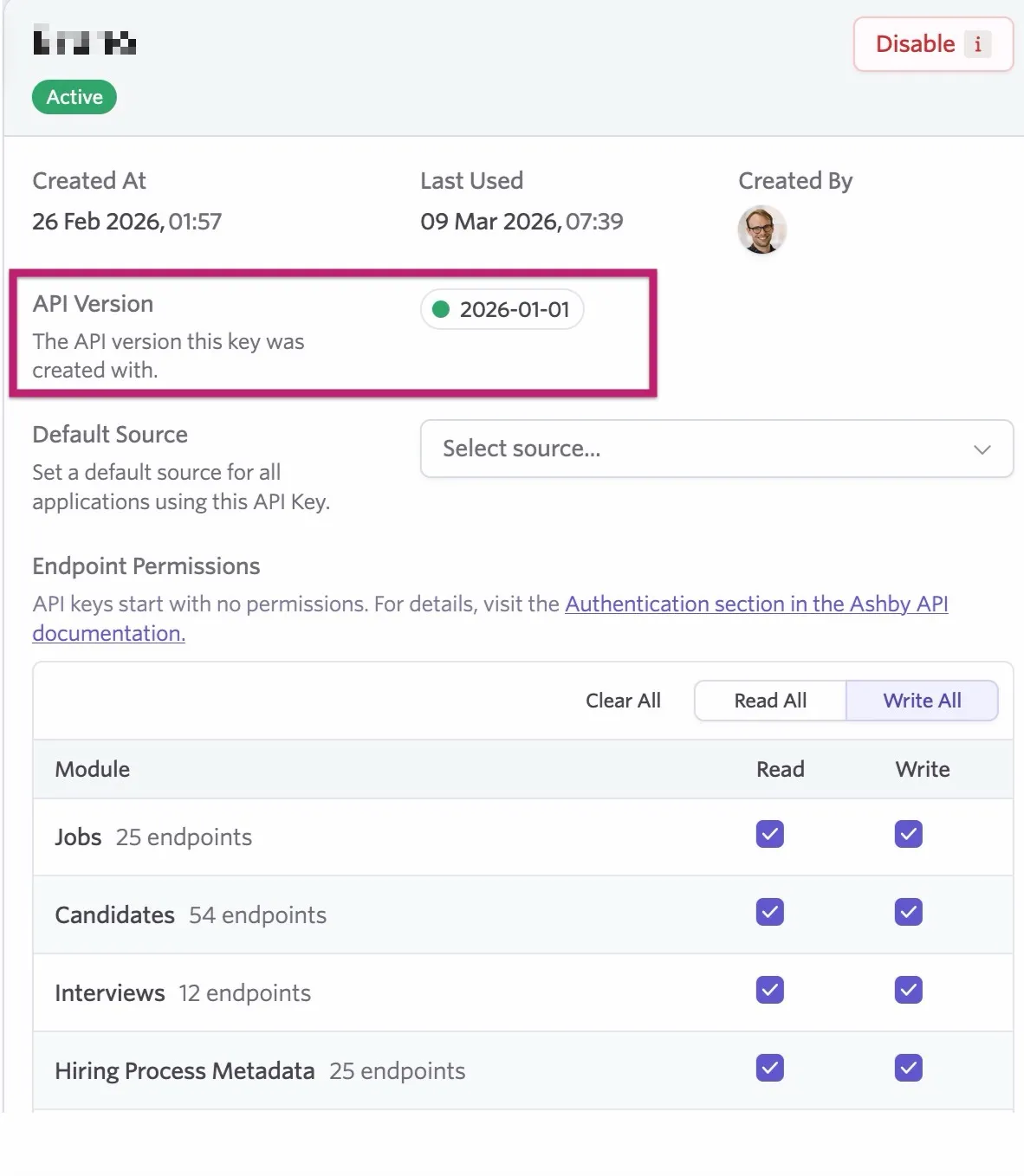 An API key with an active API version.