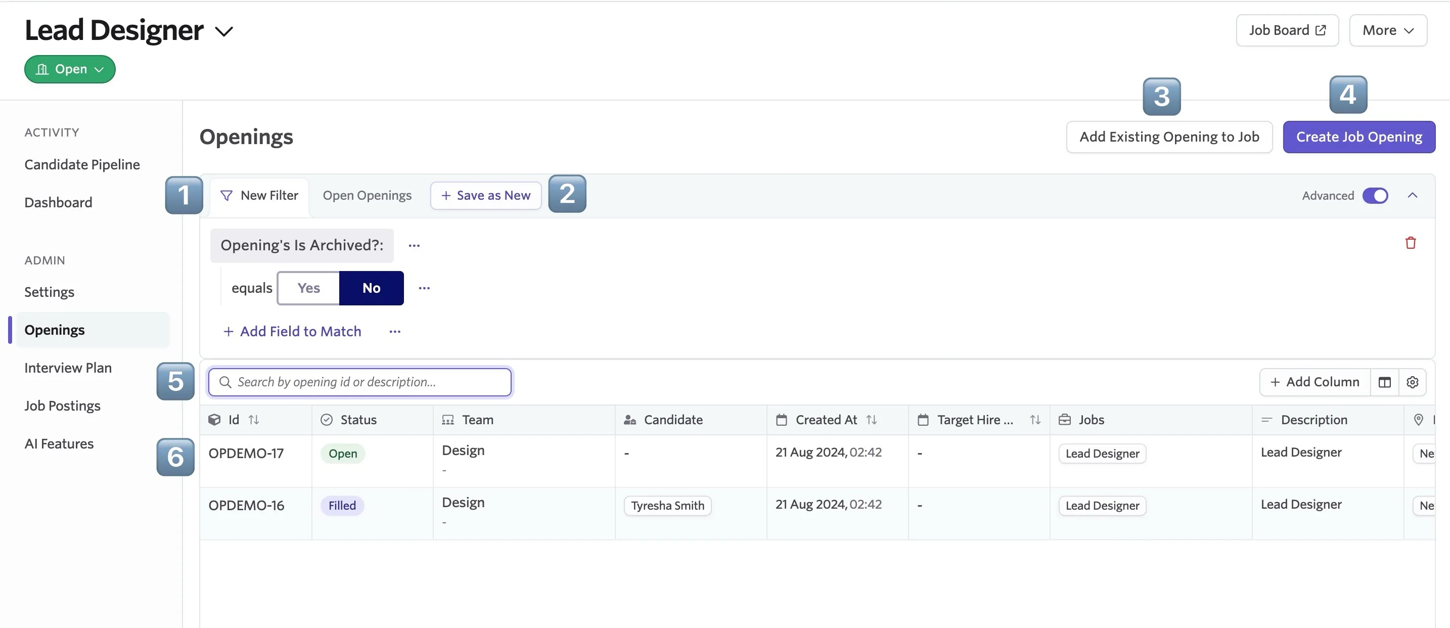 A numbered screenshot identifying where each of the below items appear in the UI.