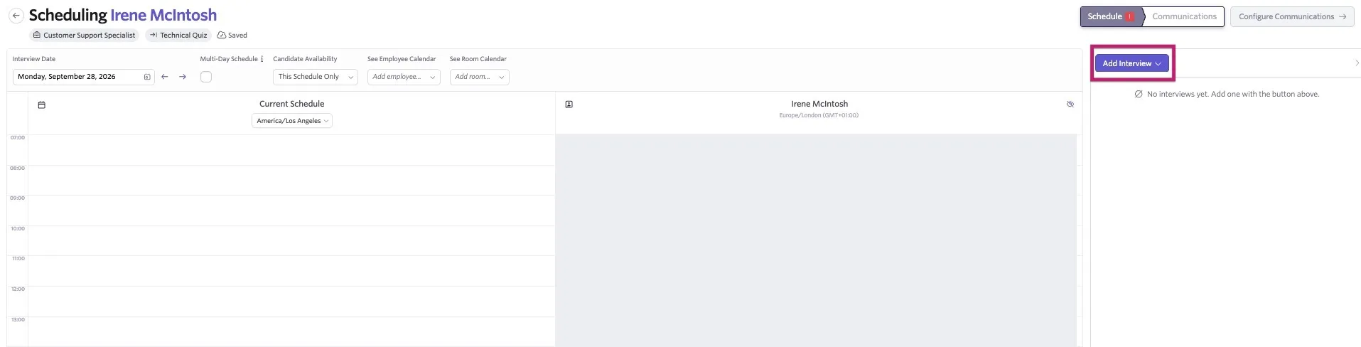 The screenshot shows the Manual Scheduling calendar with the Add Interview option highlighted.