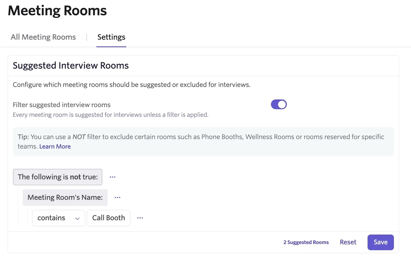 An example of suggested meeting room criteria set with a NOT operator.