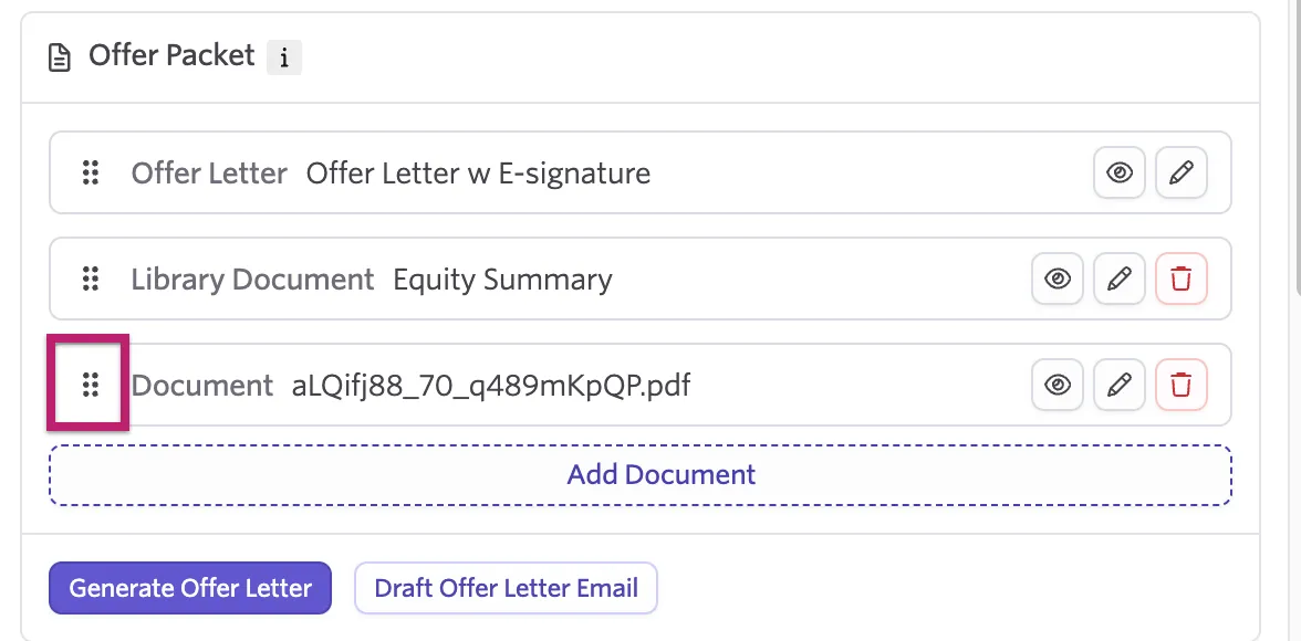 Highlights the dots to the left of the document used to click and drag the document order Highlights the dots to the left of the document used to click and drag the document order