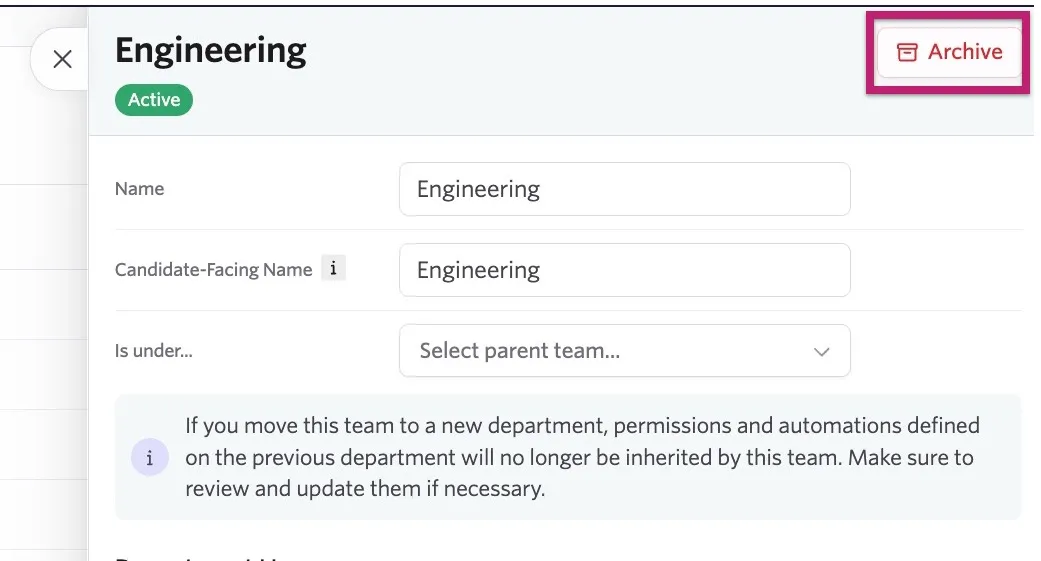 The screenshot shows an existing department with the Archive button highlighted.