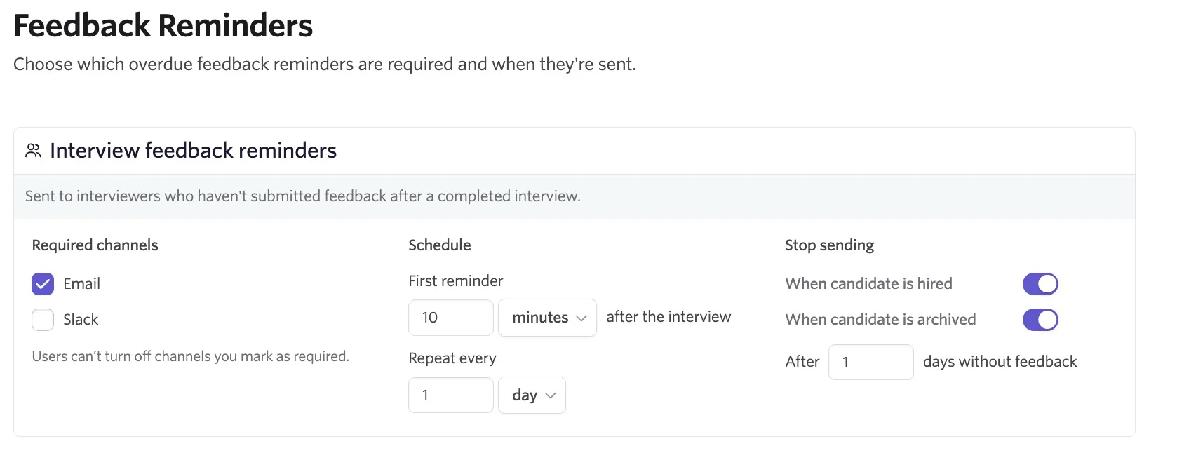 The screenshot shows the interview feedback reminders settings on the Feedback Reminders page.