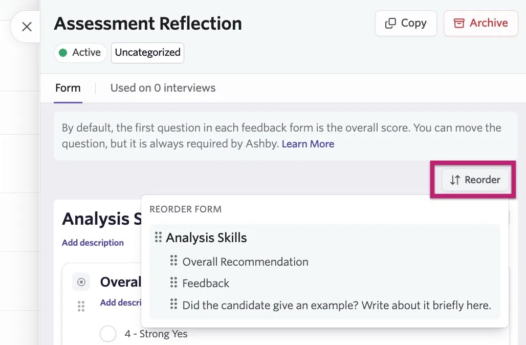 The screenshot shows a feedback form with the Reorder option highlighted and open.