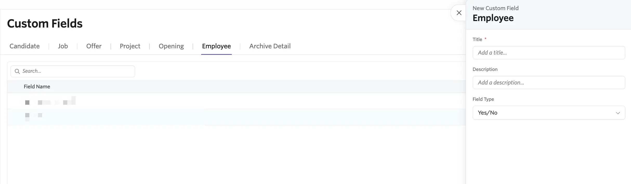 The custom fields page open on the Employee tab The custom fields page open on the Employee tab
