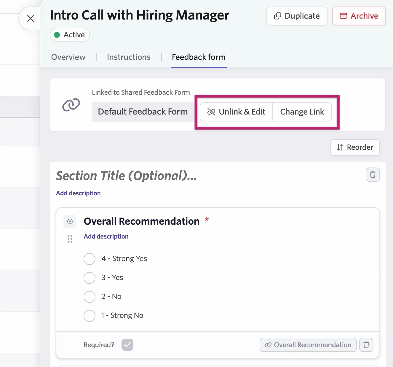 A shared feedback form with the Unlink & Edit and Change Link options highlighted.