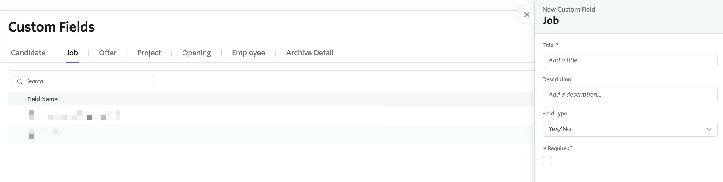 The custom fields page open on the Job tab The custom fields page open on the Job tab