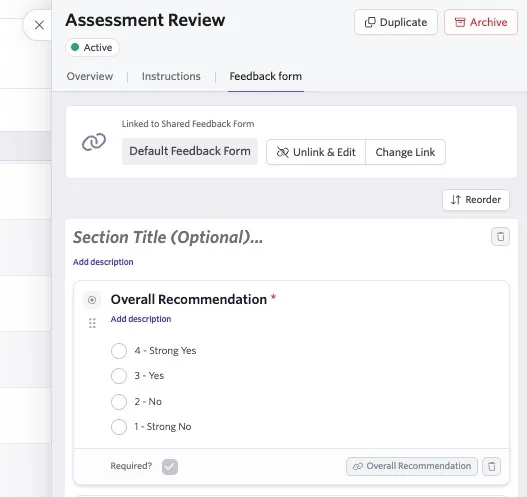 The screenshot shows an interview open on the Feedback form tab.