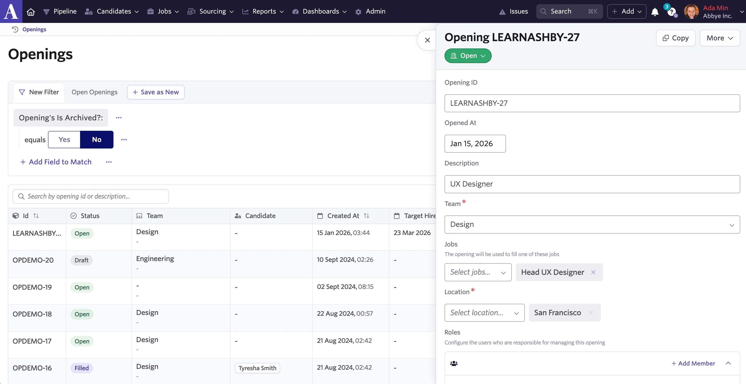Screenshot of the open details popover that appears when you click on the opening ID.