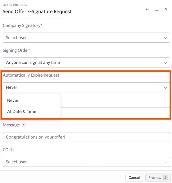 Shows where the automatic expiration options are when sending an e-signature offer Shows where the automatic expiration options are when sending an e-signature offer