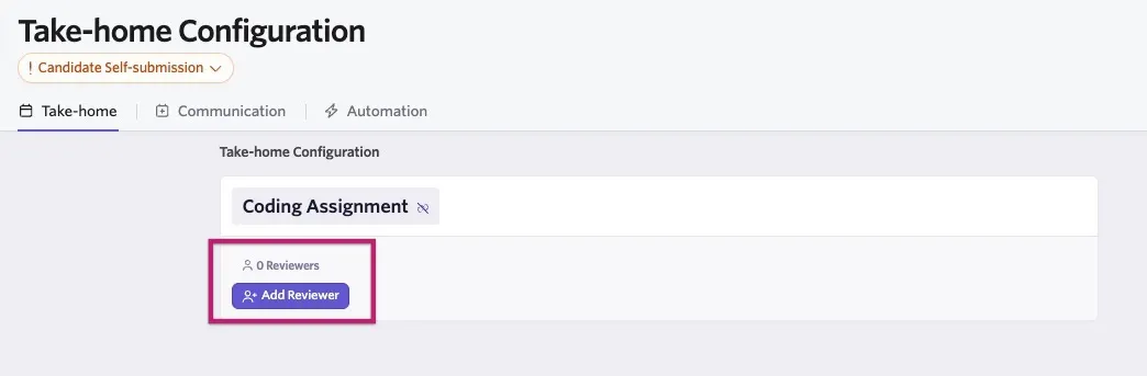 Take-home Configuration page in Ashby showing a Coding Assignment with the Add Reviewer button highlighted.