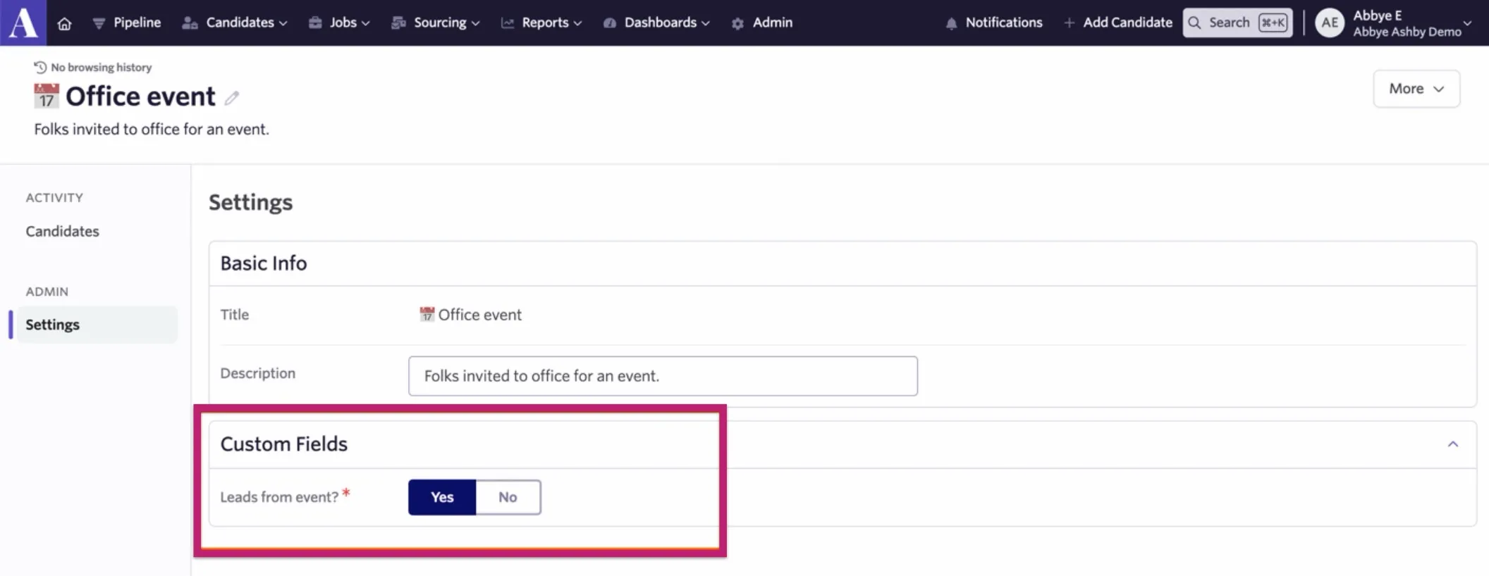 Viewing a project custom field within the Settings section of a project. Viewing a project custom field within the Settings section of a project.