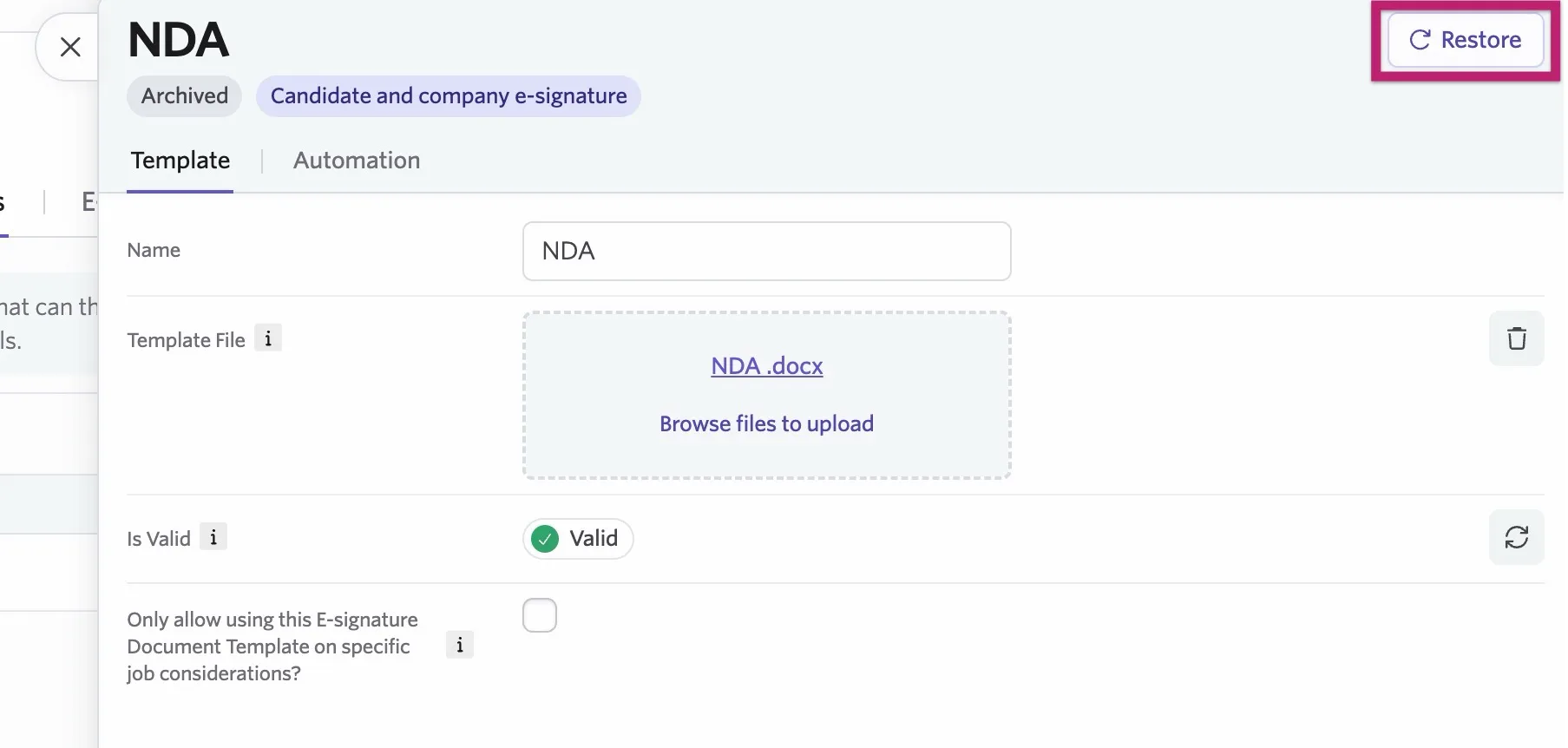 Restoring an archive e-signature document.