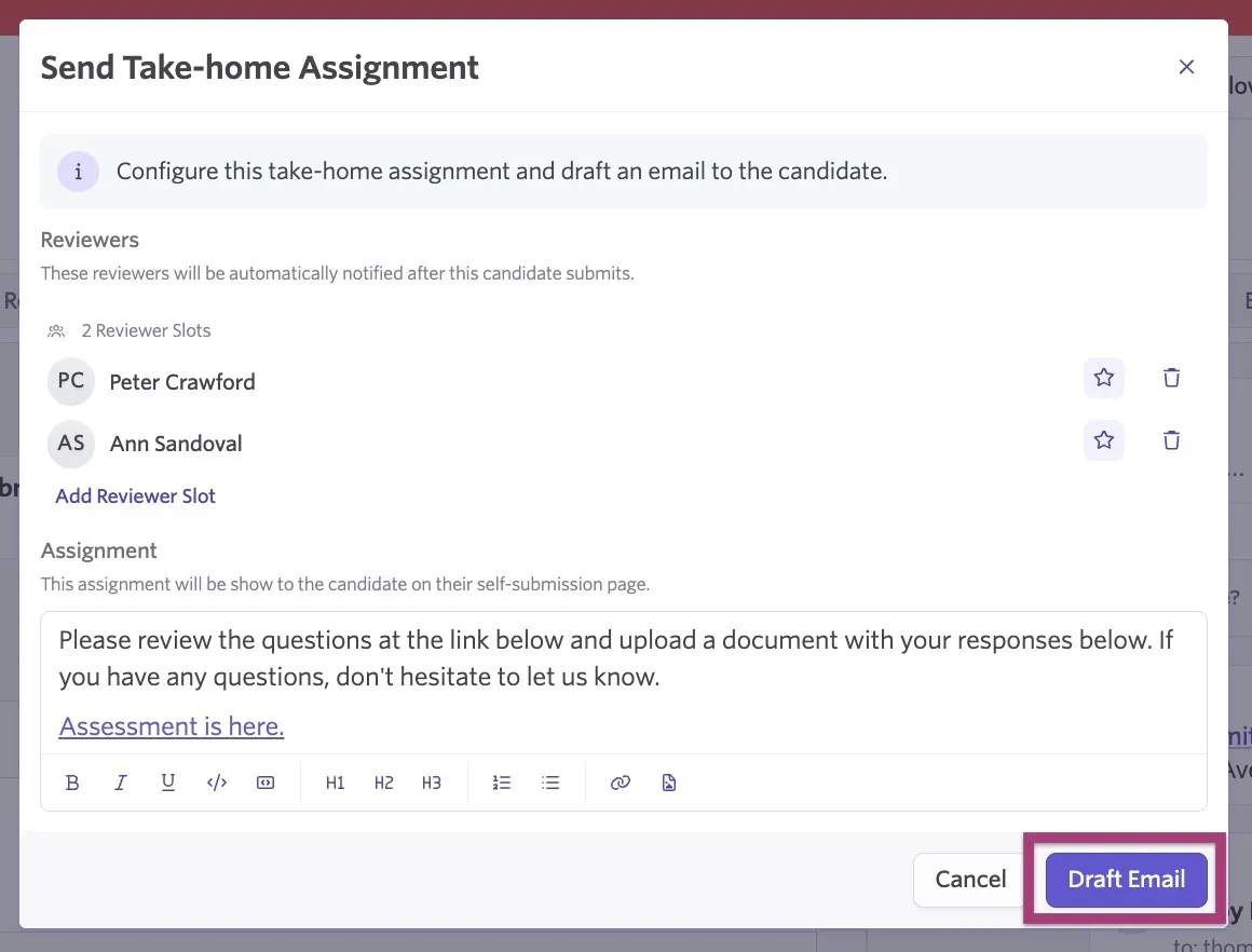 Draft Email option for sending a take-home assignment.