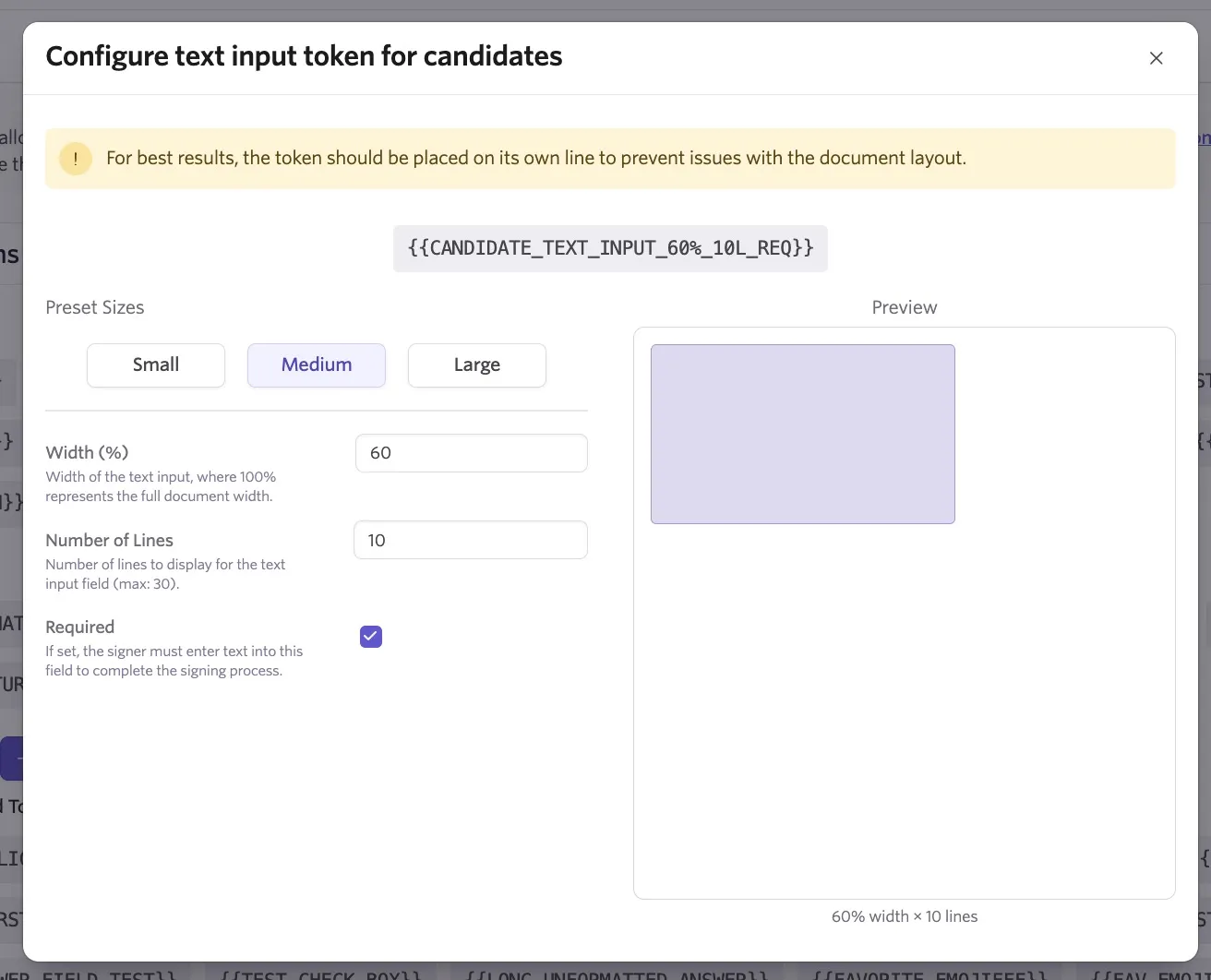 Shows the window to configure a text input token Shows the window to configure a text input token