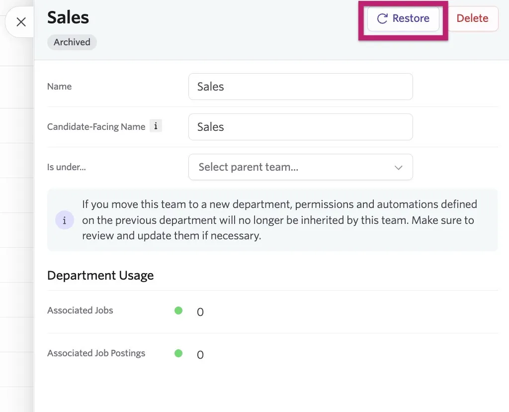 The screenshot shows an archived department with the Restore button highlighted.