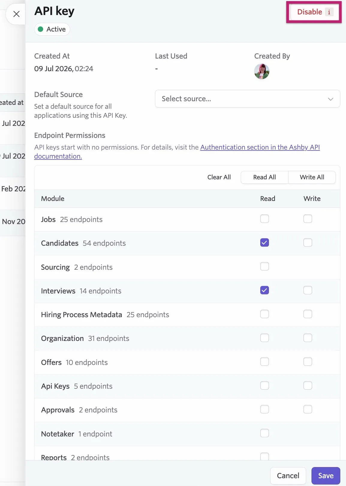 API key settings showing an active key with the Disable button highlighted in the upper-right corner.