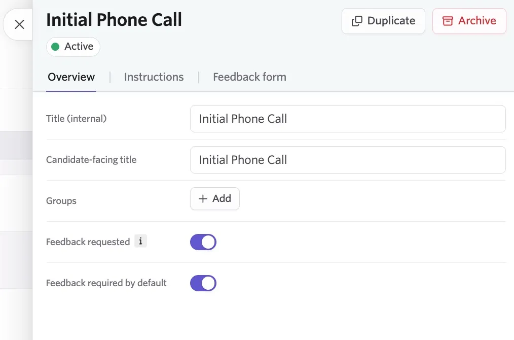 The screenshot shows the shared interview settings, with feedback requested and feedback required by default enabled.