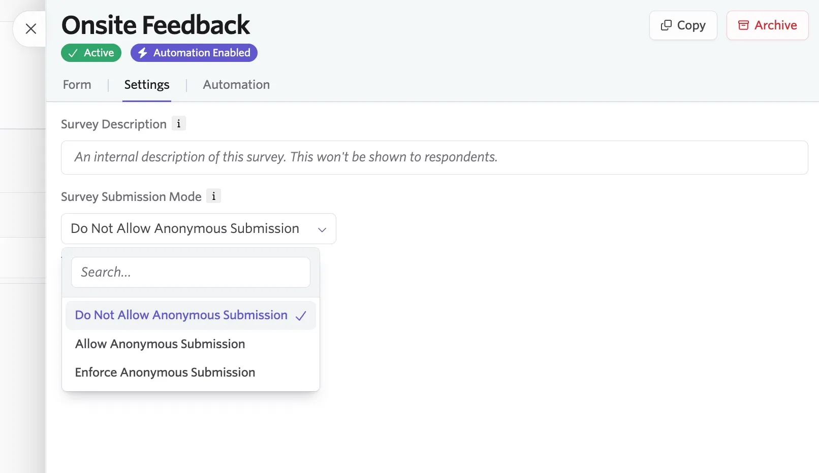 The survey submission mode field on the Settings tab of the survey.