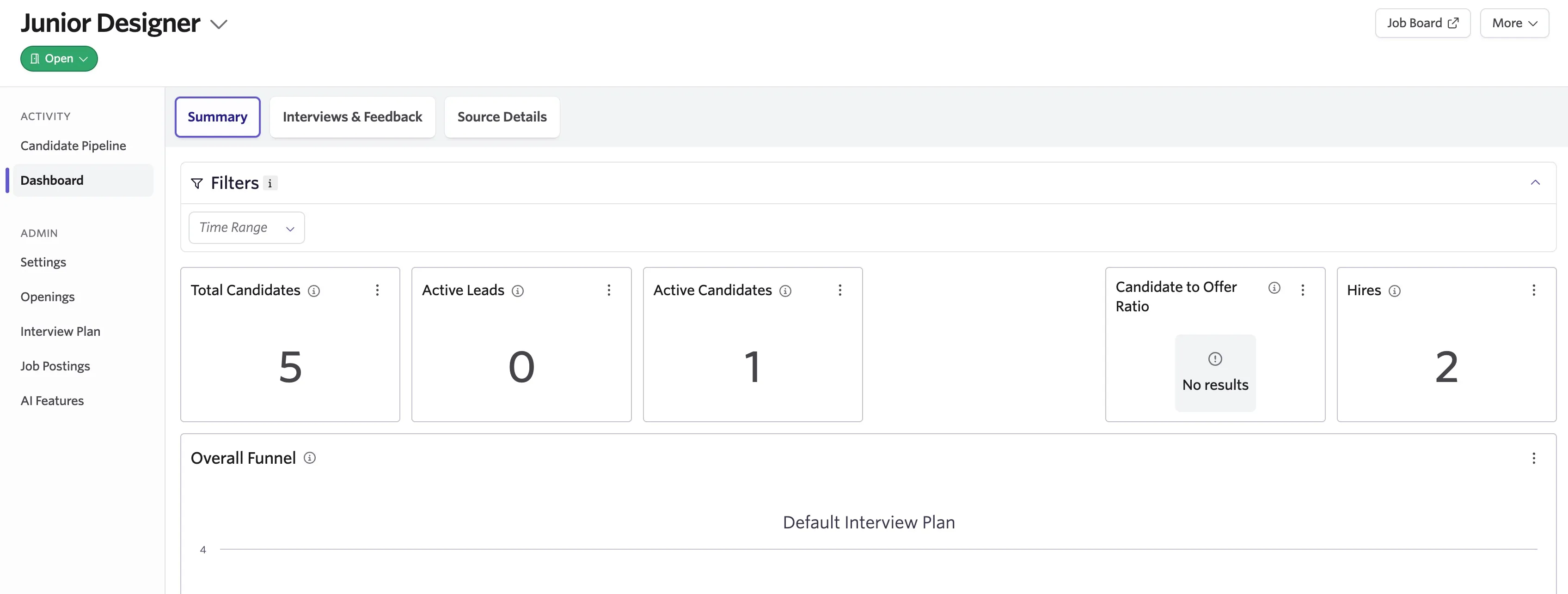 Job dashboard view with button linking out to the job board