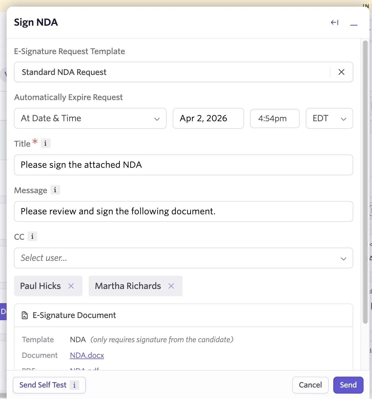 Screenshot showing the request details pane with a e-signature request template applied that has filled in all details.