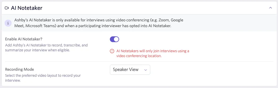 AI notetaker settings for scheduling defaults.