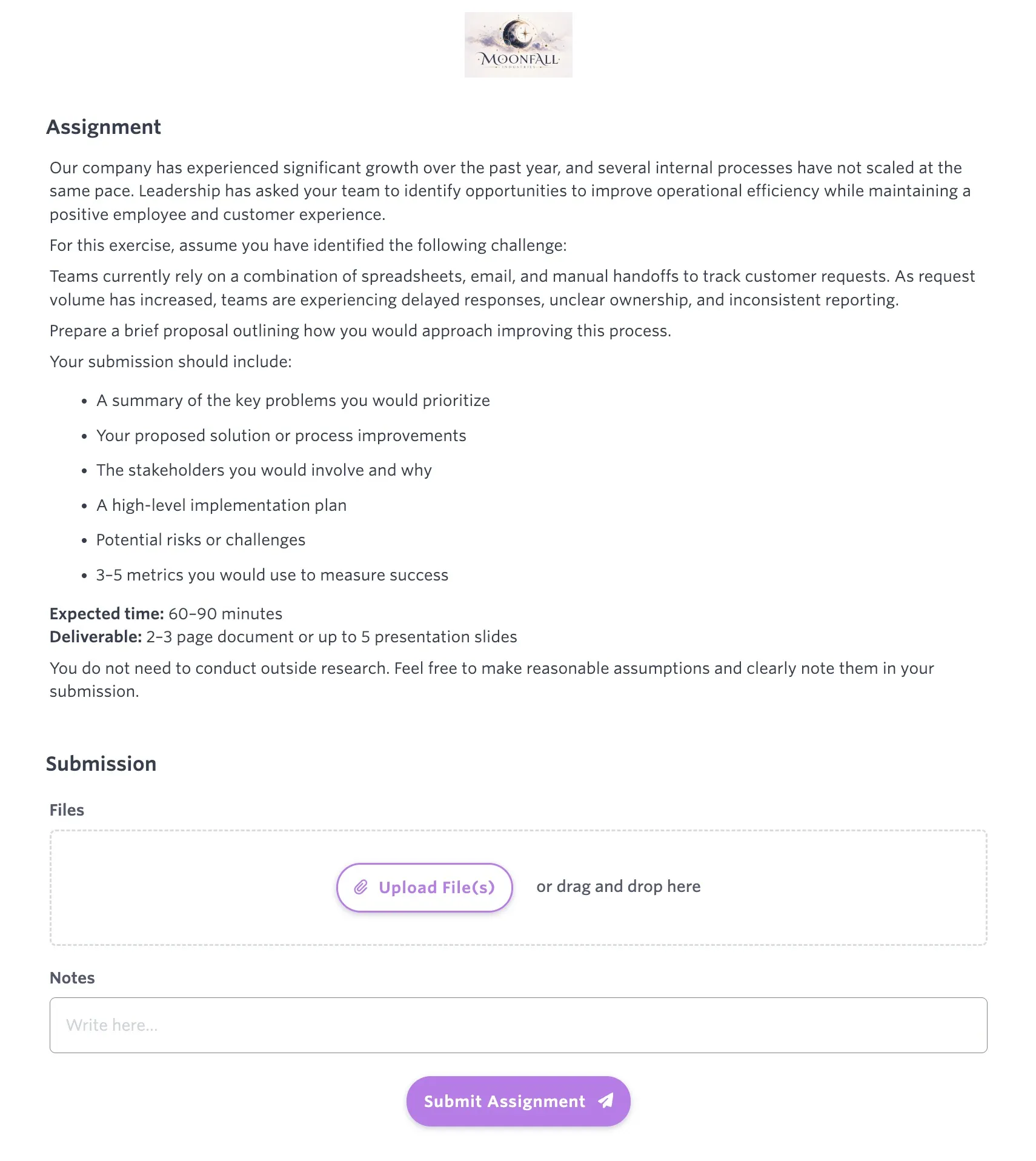 Candidate-facing take-home assignment page with instructions, expected deliverable, file upload, notes, and a submit button.