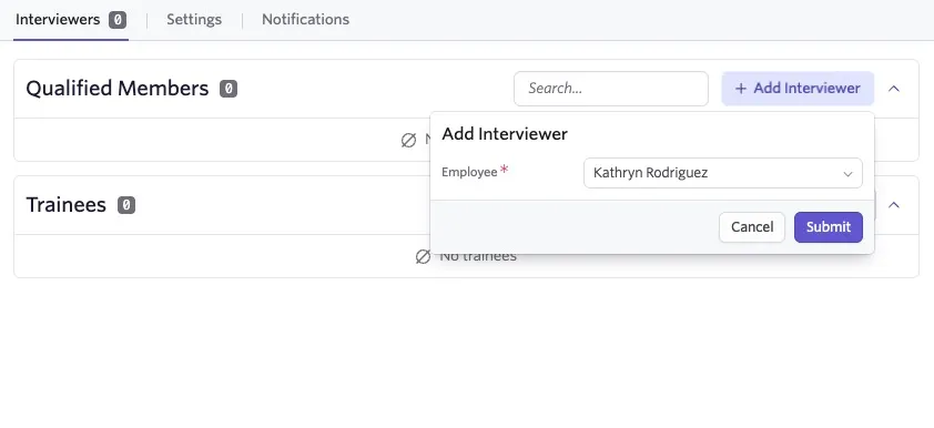 Shows the Add Interviewer window where you can add an employee and click Submit.