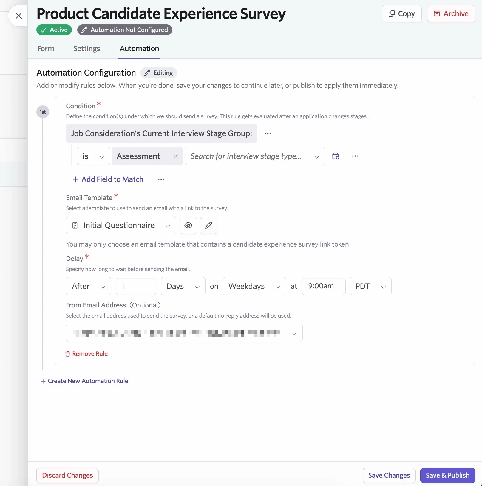 Configuring a basic survey automation.