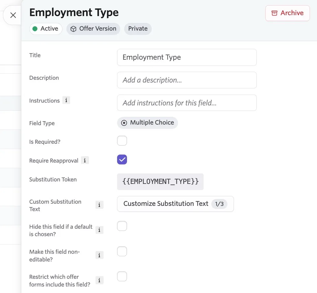 Editing an offer custom field. Editing an offer custom field.