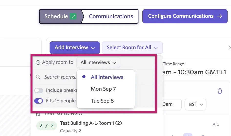 The screenshot shows the Select Room for All pop-up with the Apply room to dropdown listing 'All Interviews' and the date for each interview so you can decide the interviews the room should be applied to. The screenshot shows the Select Room for All pop-up with the Apply room to dropdown listing 'All Interviews' and the date for each interview so you can decide the interviews the room should be applied to.