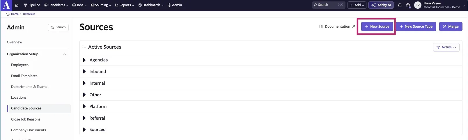 Sources page in Admin showing active candidate source categories, with the New Source button highlighted. Sources page in Admin showing active candidate source categories, with the New Source button highlighted.