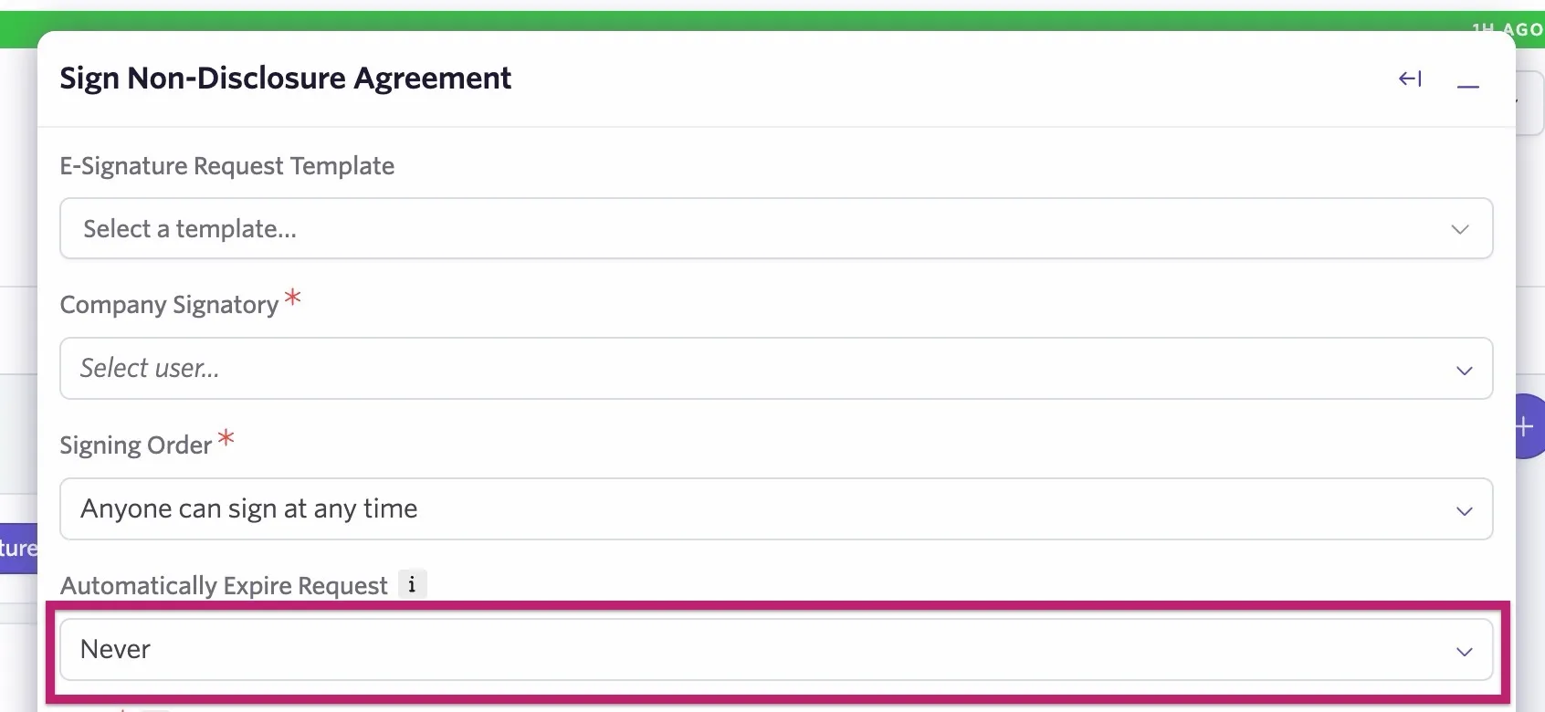 Setting the Automatically Expire Request field to Never.