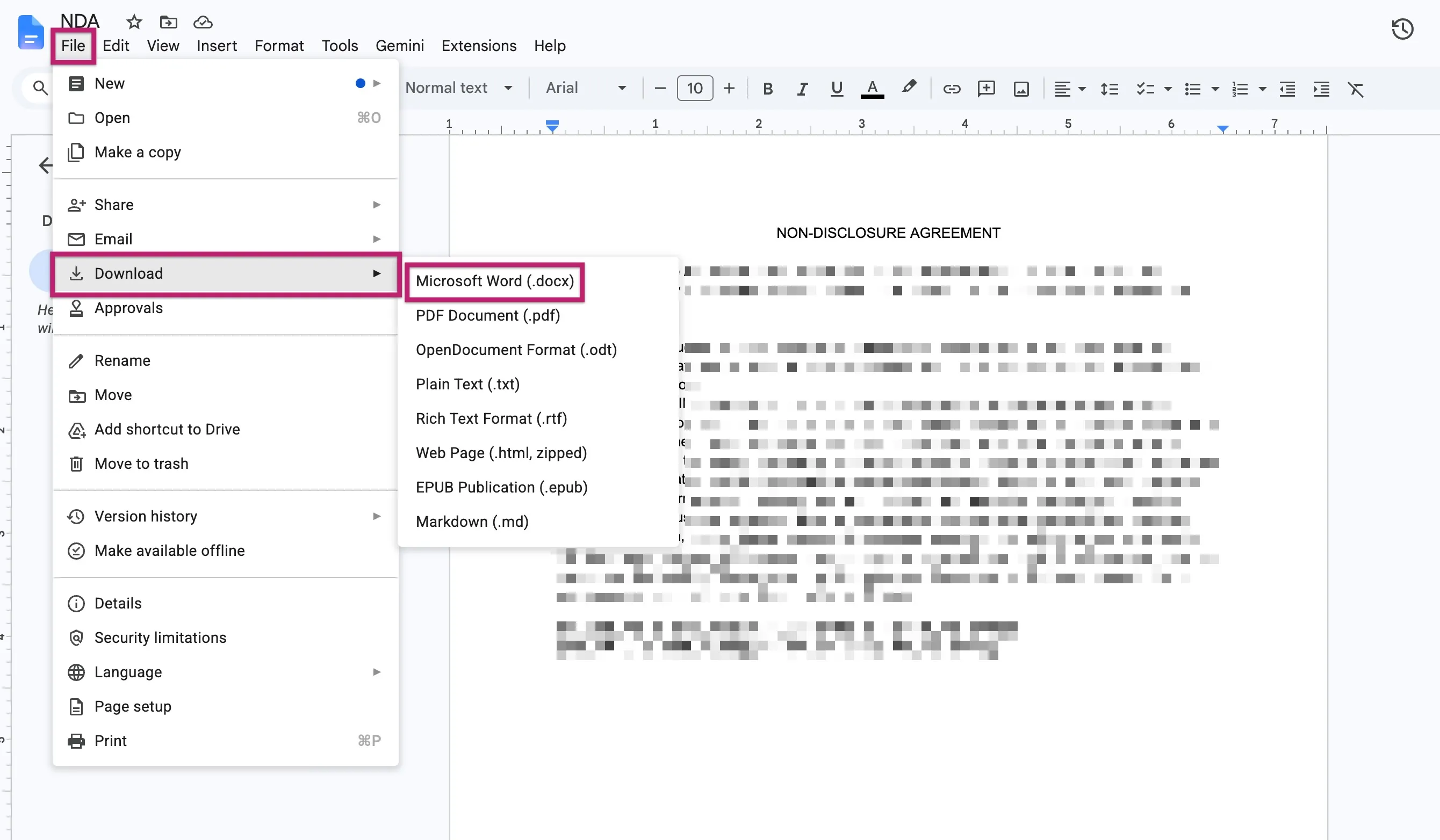 Downloading an e-signature document from Google Docs.