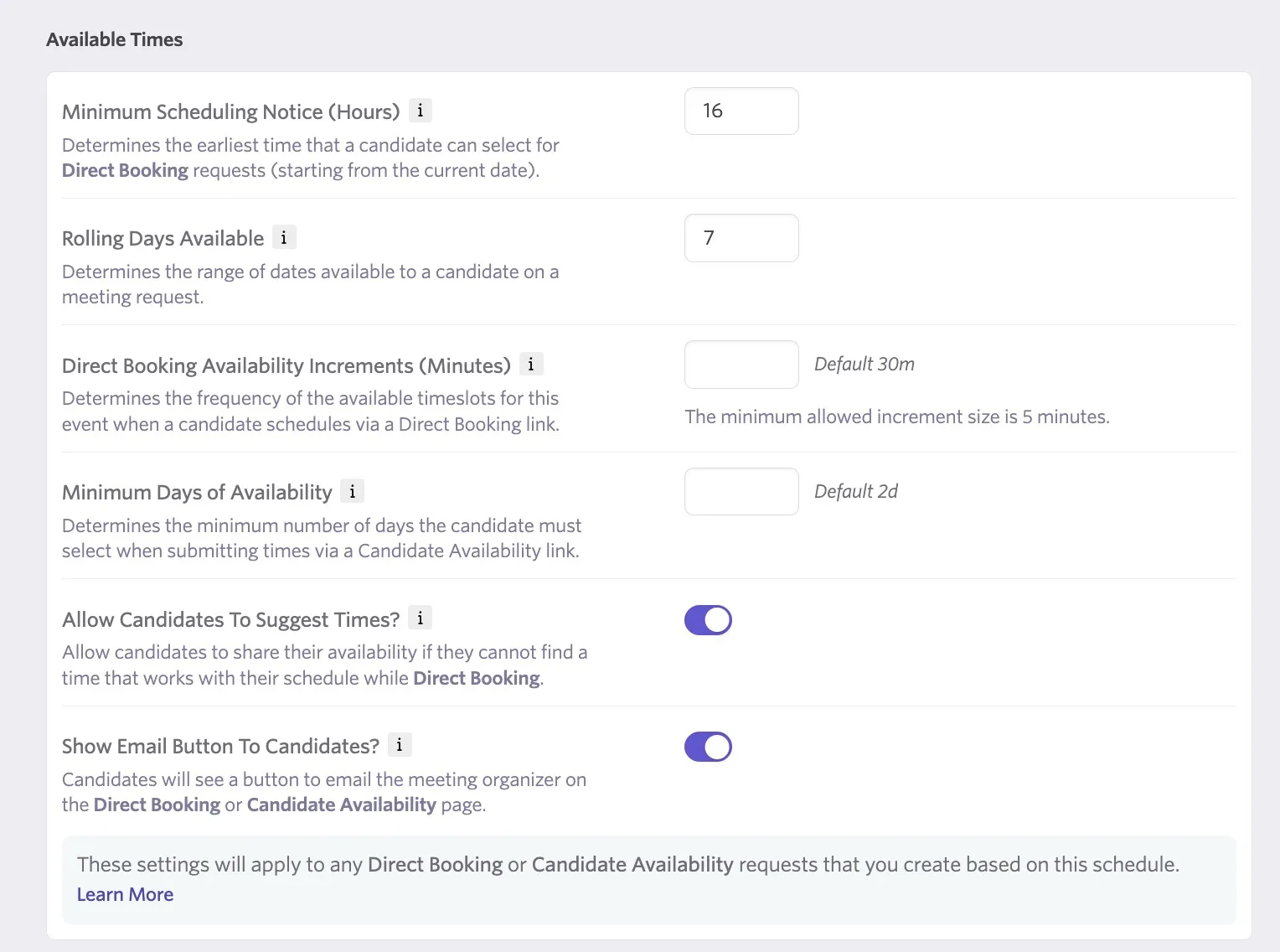 The available times settings for scheduling defaults.