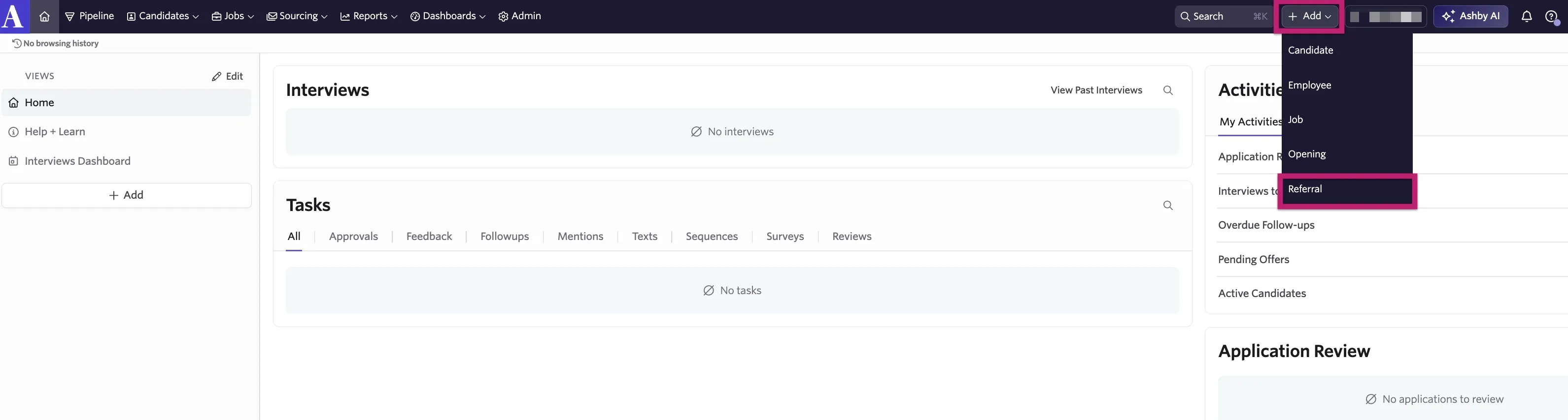 Adding a referral using Add on the navigation bar.