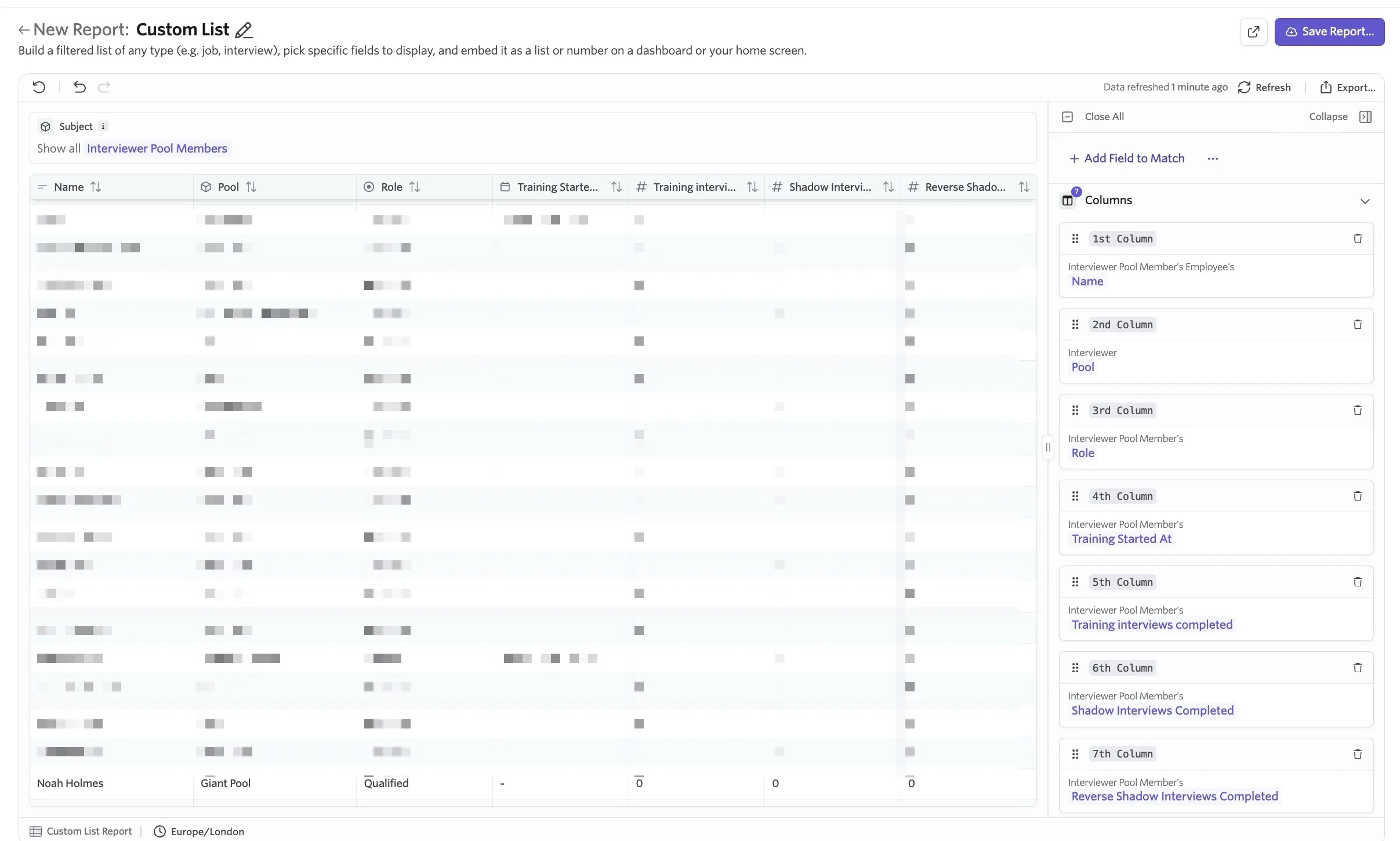 A screenshot of a custom list report that answers the question 'How do I track completed shadow and reverse shadow interviews per interviewer pool member?'
